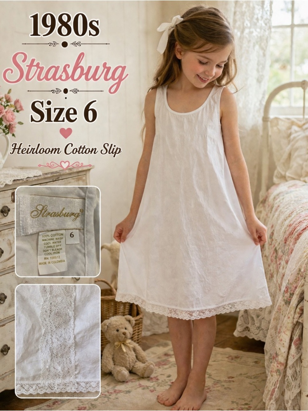 Vintage 1980s Strasburg Heirloom Cotton Slip Girls Size 6 White